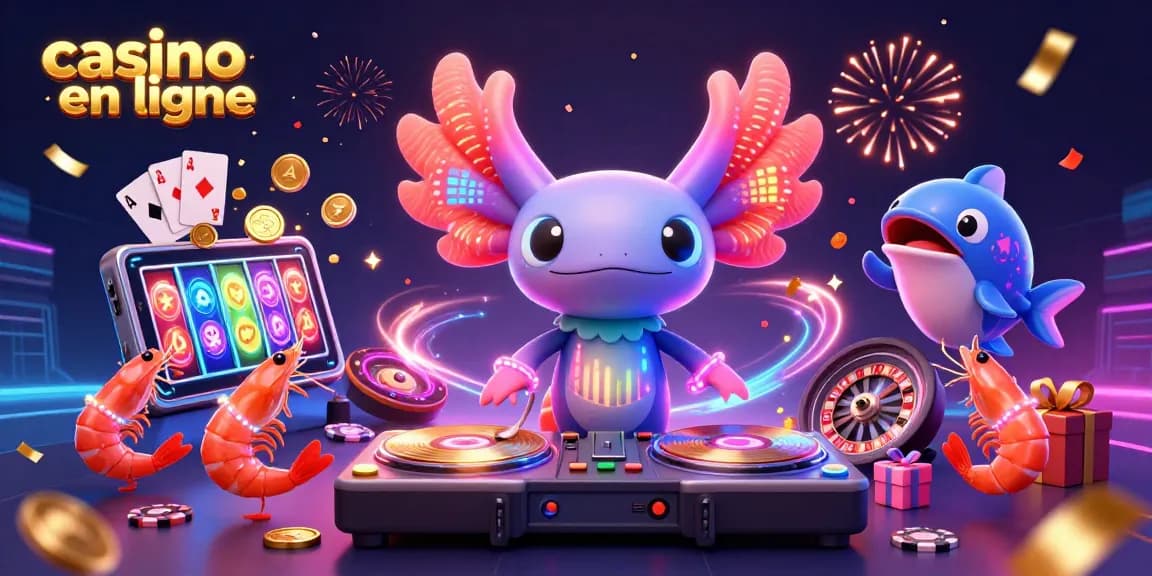 Jouez au casino en ligne avec un DJ axolotl dynamique entouré de personnages festifs et d'éléments de jeu.