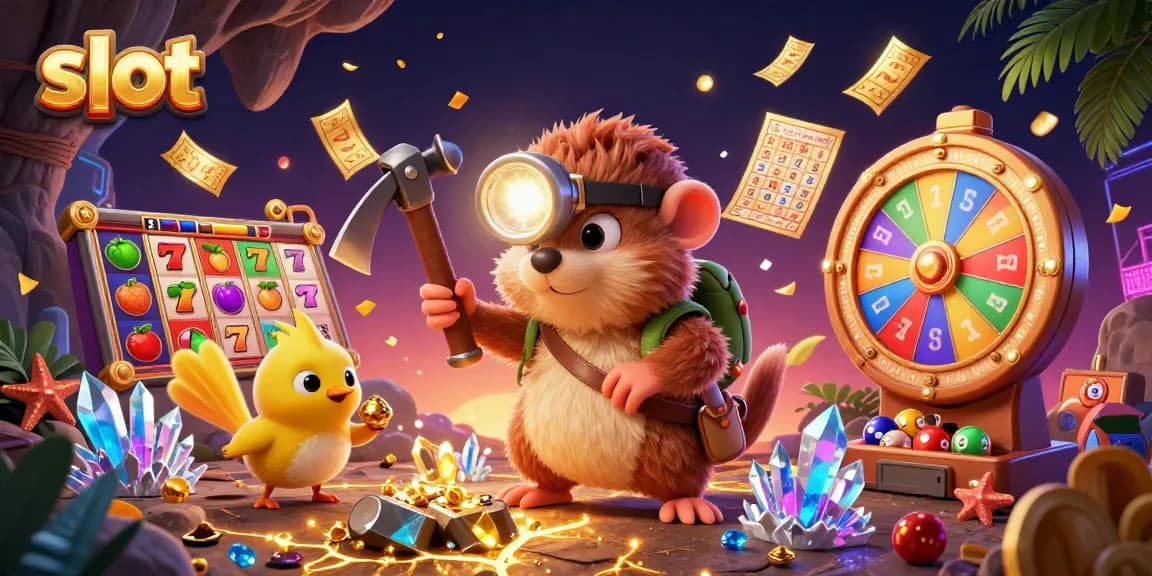 Slot menarik dengan simbol buah, jackpot, dan dekorasi berkilau dalam ilustrasi kasino yang ceria.