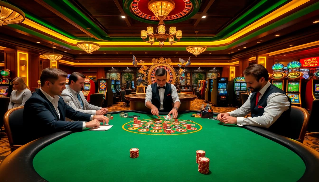 A game in progress at a casino featuring cm88 com poker chips, players, and a roulette wheel.