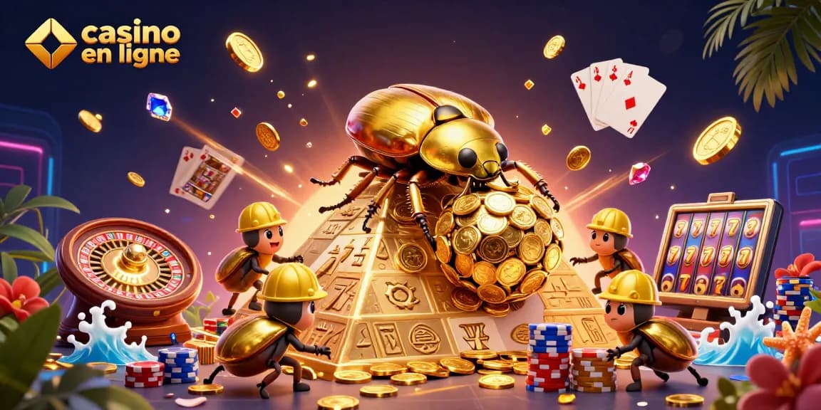 Plongez dans le monde du casino en ligne avec une illustration captivante montrant un scarabée doré roulant des pièces.