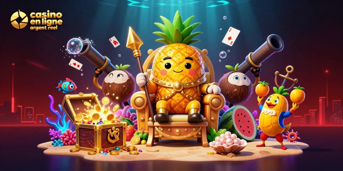 Jouez au casino en ligne argent réel et gagnez avec le roi ananas entouré d'éléments de jeu dynamique.
