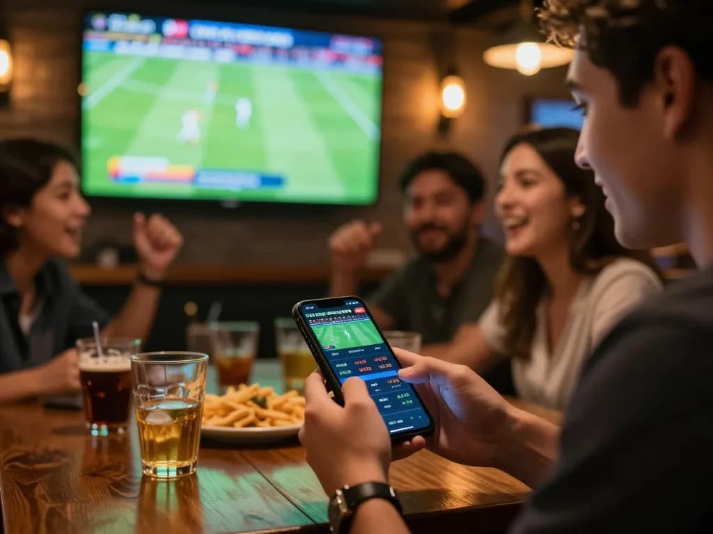 Engaging in Trực Tiếp Bóng Đá betting at a lively sports bar, surrounded by friends and excitement.