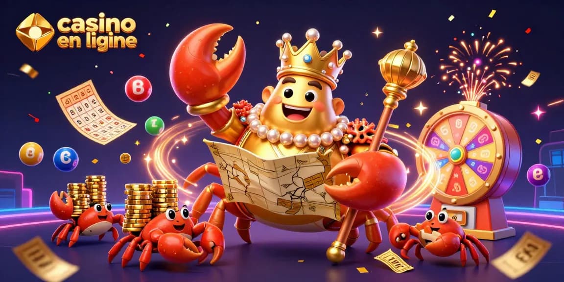 Vivez l'excitation du casino en ligne avec le roi crabe doré dans une scène animée.