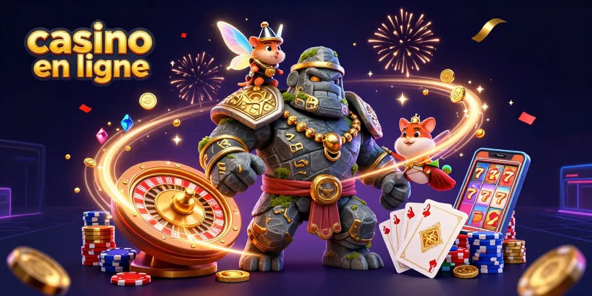 Découvrez une scène captivante de casino en ligne avec un golem, une fée et un hamster chevalier.