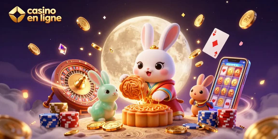Le casino en ligne en fête avec un lapin de lune et des accessoires de jeu vibrants.