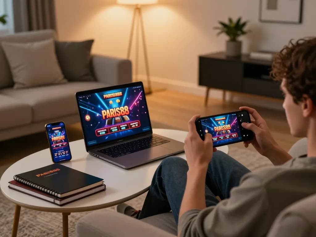 Pemain terlibat menikmati permainan mobile di aplikasi paris888 di setting ruang tamu yang nyaman.