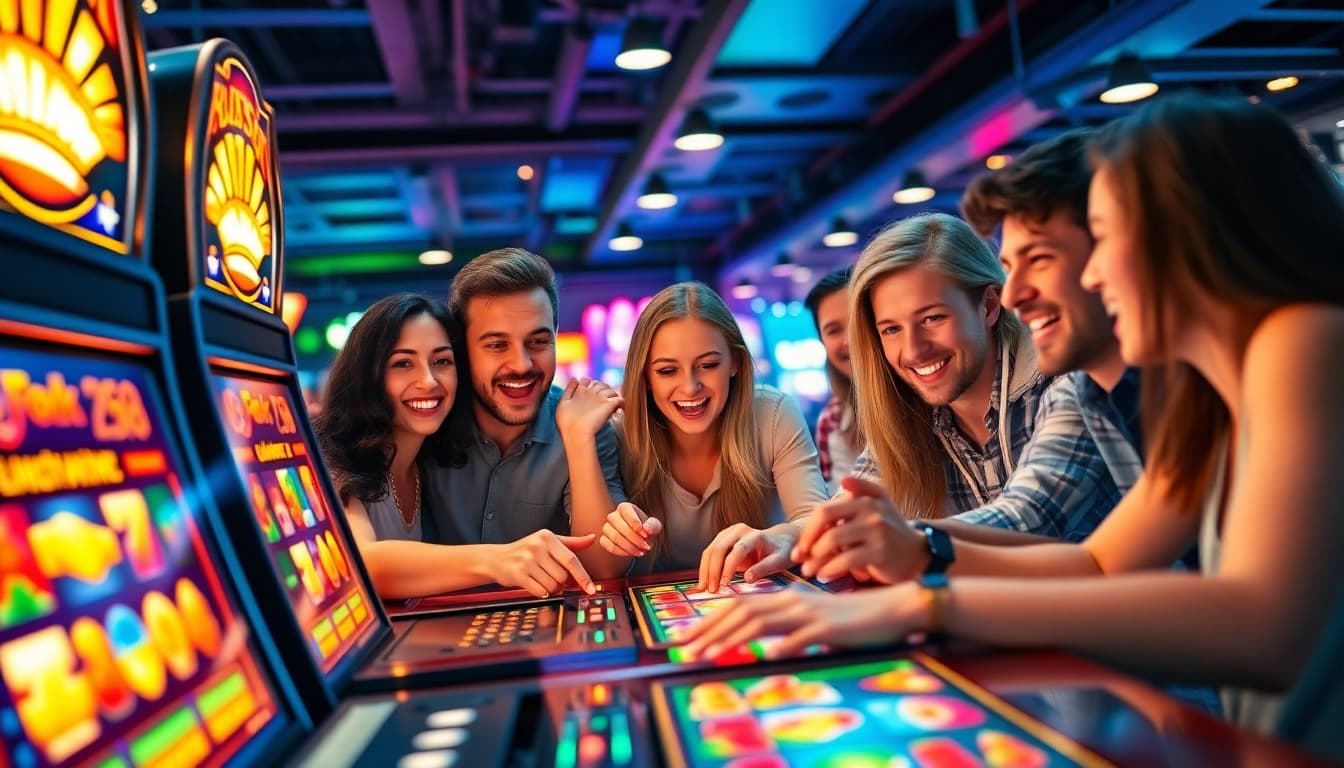 Excited players enjoying Online slots Uk gaming in a lively casino atmosphere.