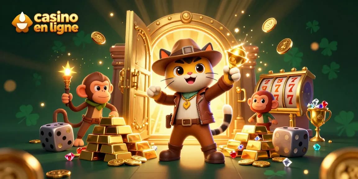 Profitez d'un moment de jeu captivant avec casino en ligne, illustré par un chat explorateur et un singe.