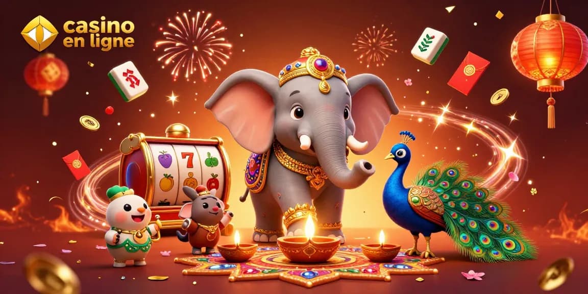 Jouer au casino en ligne avec un éléphant et un paon sous des feux d'artifice colorés.