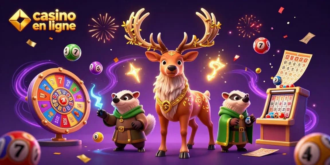 Visualisez l'expérience du casino en ligne avec un cerf druidique et un blaireau entourés de jeux de loterie.