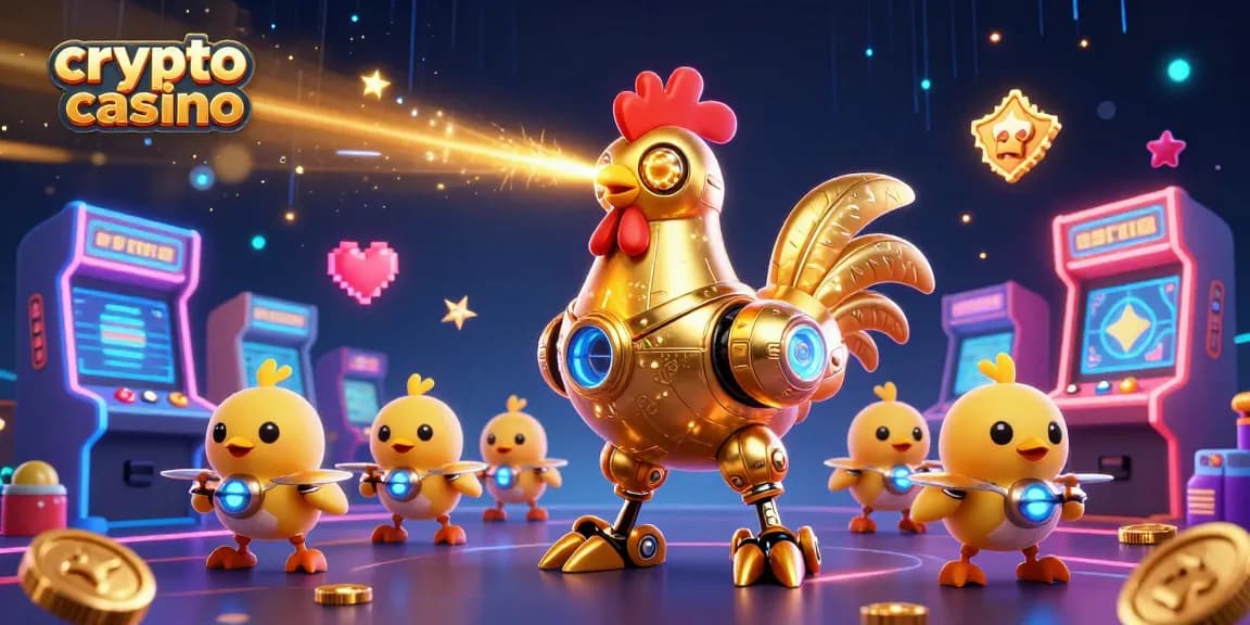 Giocando nel crypto casino, un robot galletto oro retro-futuristico spara laser mentre baby drone pulcini lo seguono.