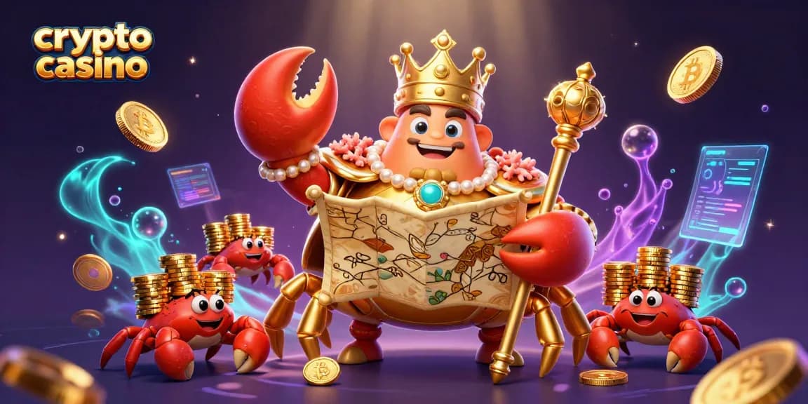 Apprenez le crypto casino avec un crabe impérial doré et des éléments de blockchain flottants.