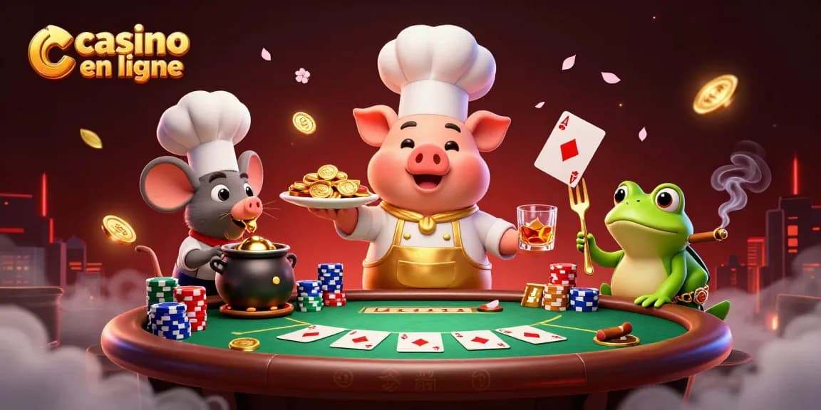 Une illustration de casino en ligne avec un chef cochon et des personnages de jeu entourés de pièces d'or.