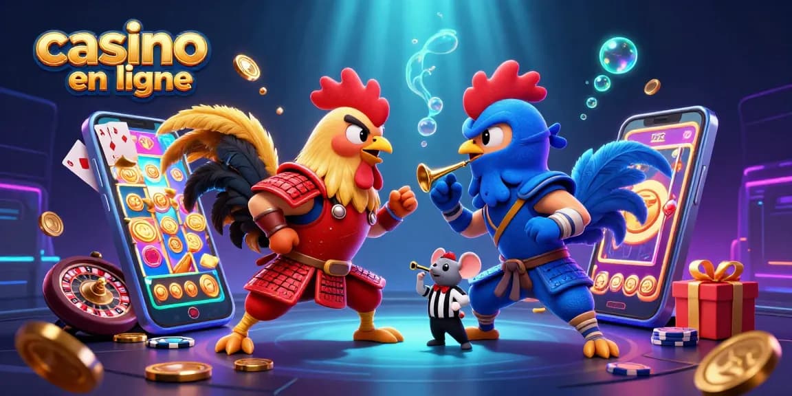 Joue au casino en ligne avec une illustration dynamique de coqs combattants et des éléments de jeu captivants.