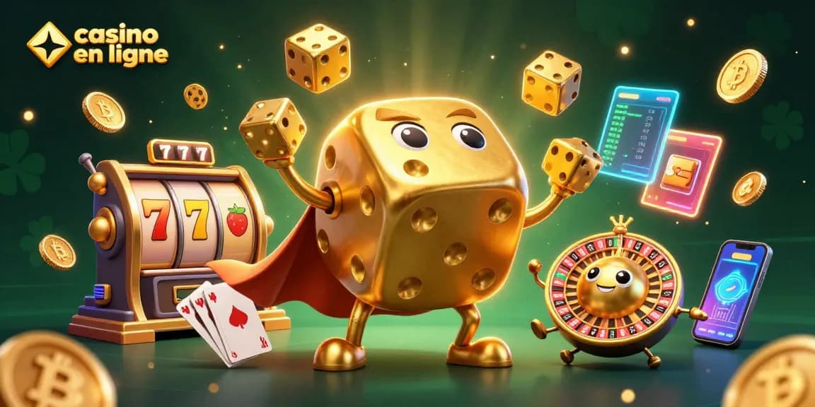 Expérimentez le jeu captivant de casino en ligne avec des dés dorés et des éléments animés.