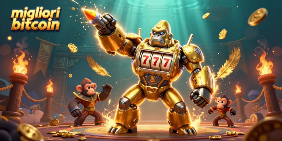 I migliori casino bitcoin presentano un'illustrazione 3D ricca di dettagli, con un gorilla meccanico e monete esplodenti.