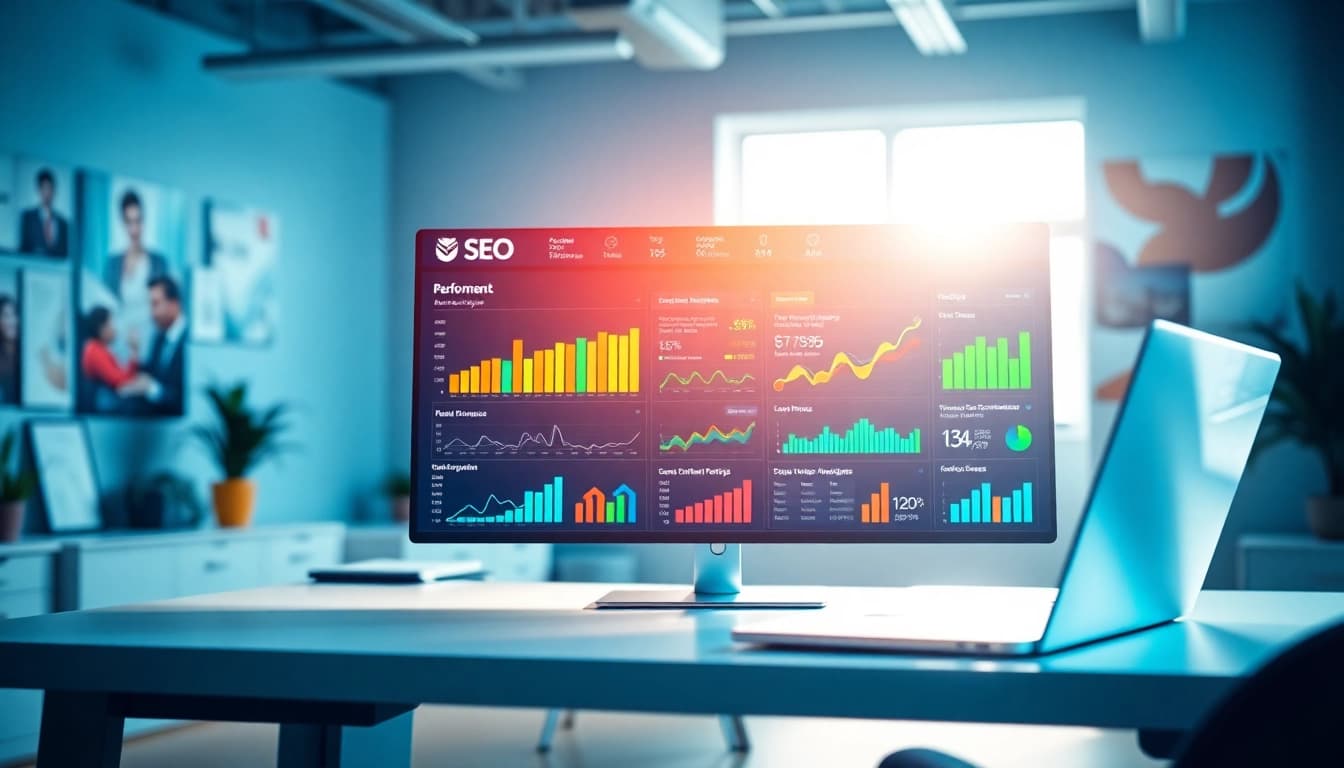 Track SEO performance metrics through an analytical dashboard in a modern workspace.