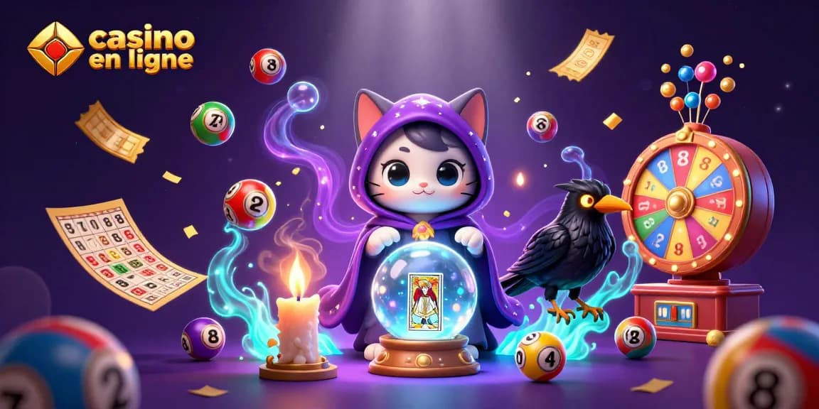 Jouez à un casino en ligne avec une illustration mystique de chance portée par un chat et un corbeau.