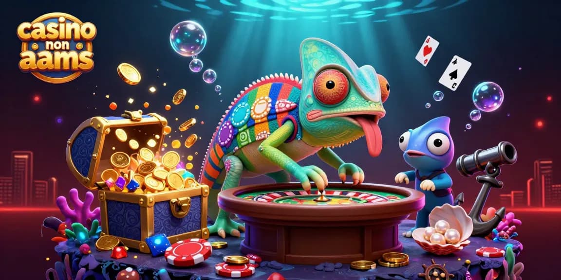 Scopri i migliori casino non AAMS con un camaleonte che osserva tavoli da gioco e colleziona monete d'oro.