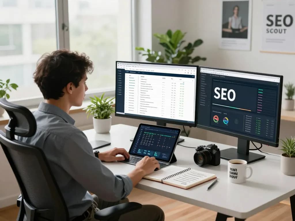 SEO Audit Tool usage in a modern workspace with analytics dashboards and website reports.
