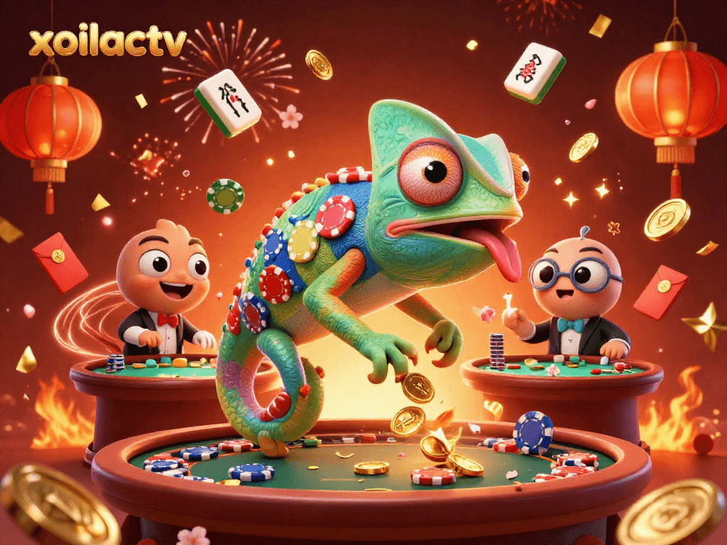 Exciting gameplay at xoilactv showcases a vibrant scene of a chameleon casino owner surrounded by numerous colorful gambling elements.