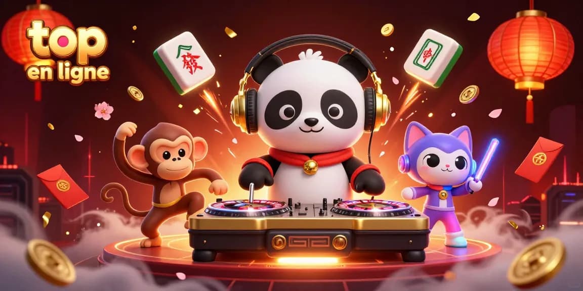 Découvrez le top casino en ligne avec une ambiance festive et dynamique illustrée par un panda DJ et ses amis.
