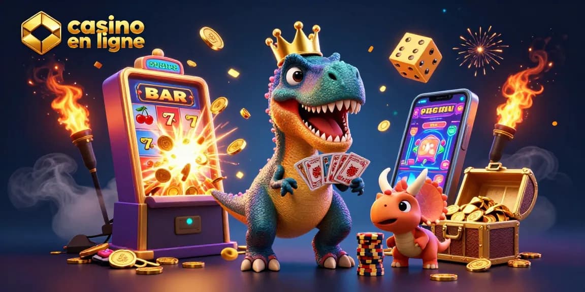 Gagnez des jackpots au casino en ligne avec un T-Rex jouant aux cartes entouré de trésors