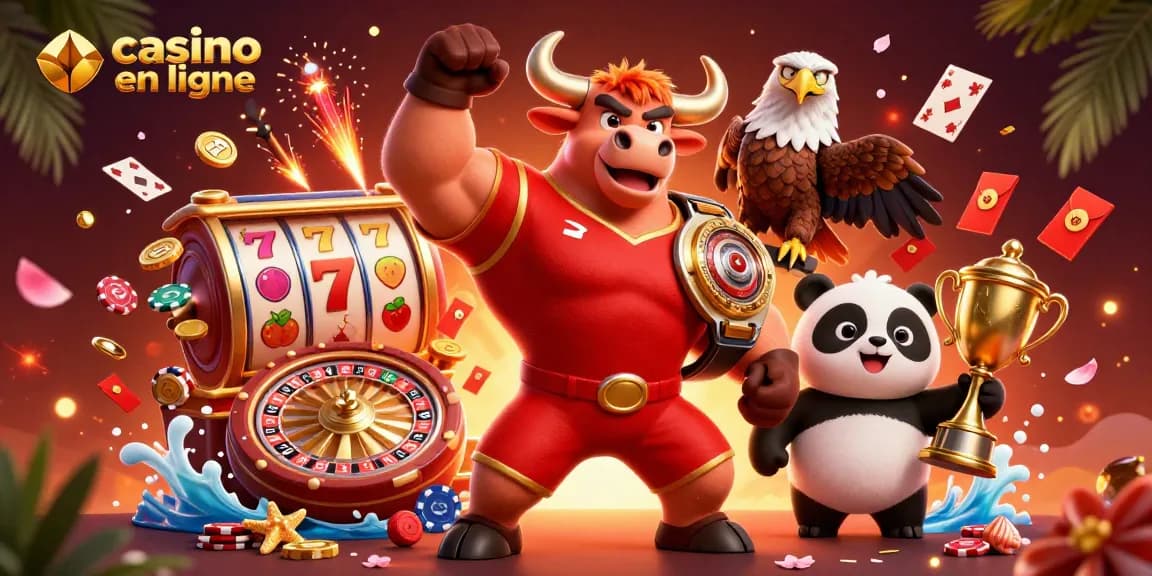 Jouez sur un casino en ligne avec un taureau musclé célébrant, un aigle et un panda entourés de rouleaux de machines à sous.