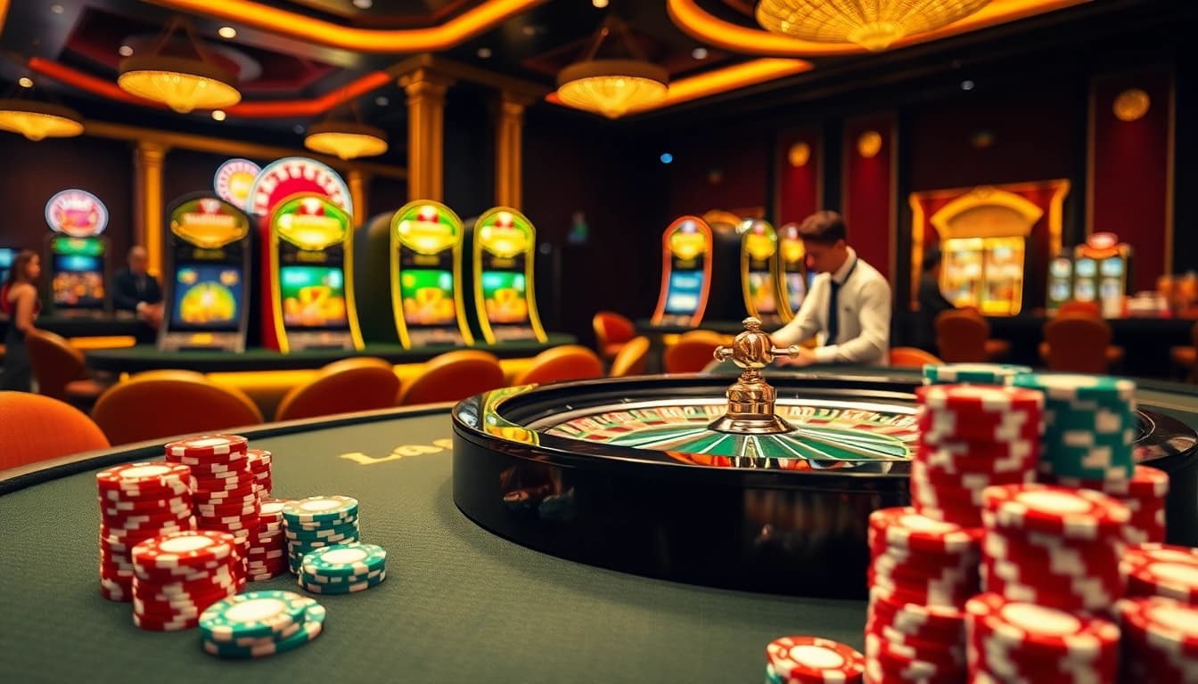 Casino scene with GO8 roulette table, chips, and engaging dealer showcasing excitement.