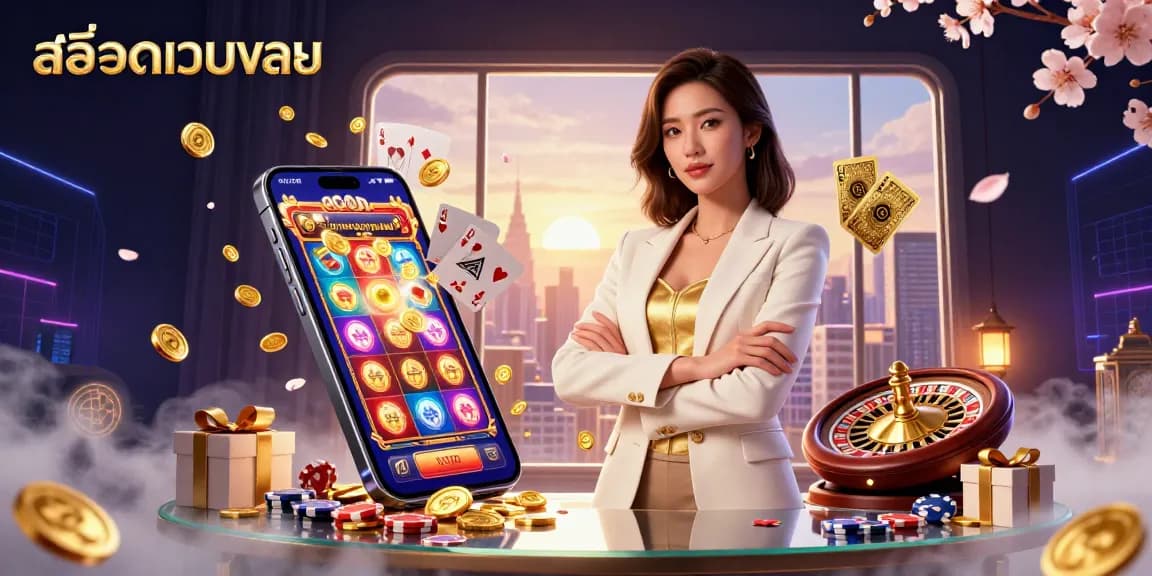 Engage in thrilling gameplay with สล็อตเว็บตรง, featuring a businesswoman holding cards amidst dynamic casino elements.