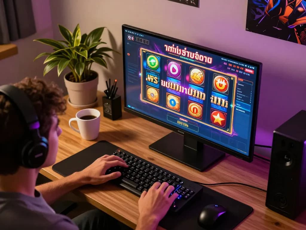 Engaging in สล็อตทดลอง online gaming with vibrant visuals on the computer screen, warm atmosphere.