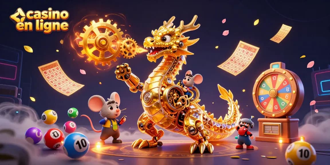 Jouer dans un casino en ligne captivant avec un dragon doré et des éléments de loto.