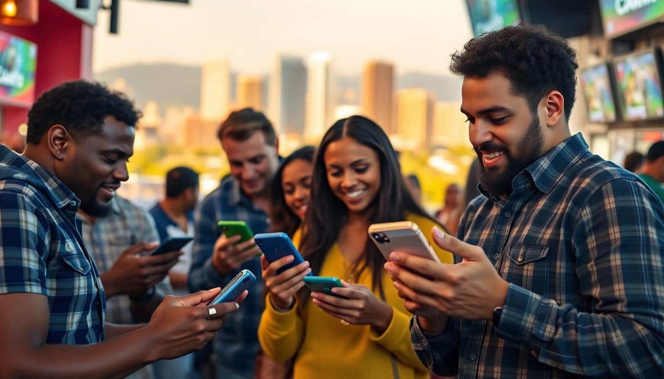 Engaging scene of online sports betting California with enthusiastic participants using mobile apps.