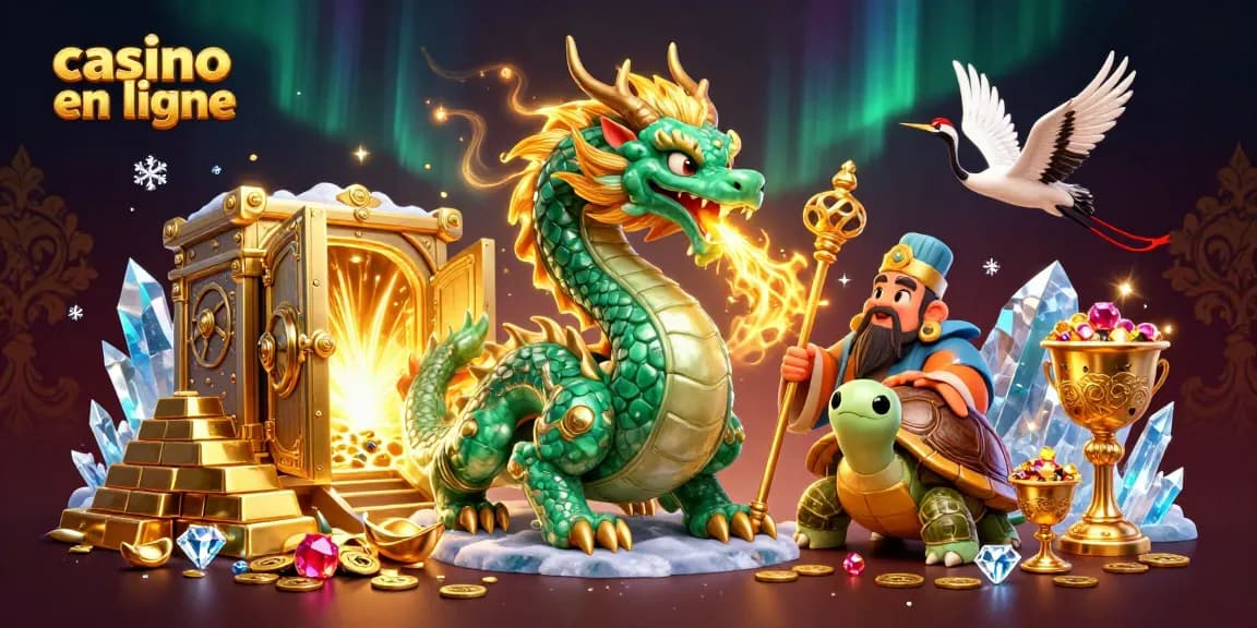 Illustration captivante d'un casino en ligne avec un dragon émeraude, une tortue sage et des grues porte-bonheur.