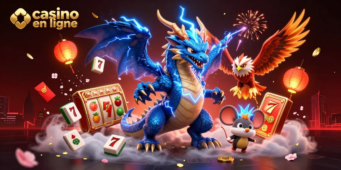 Profitez de l'excitation des jeux de casino en ligne avec un dragon électrique et des symboles chanceux.