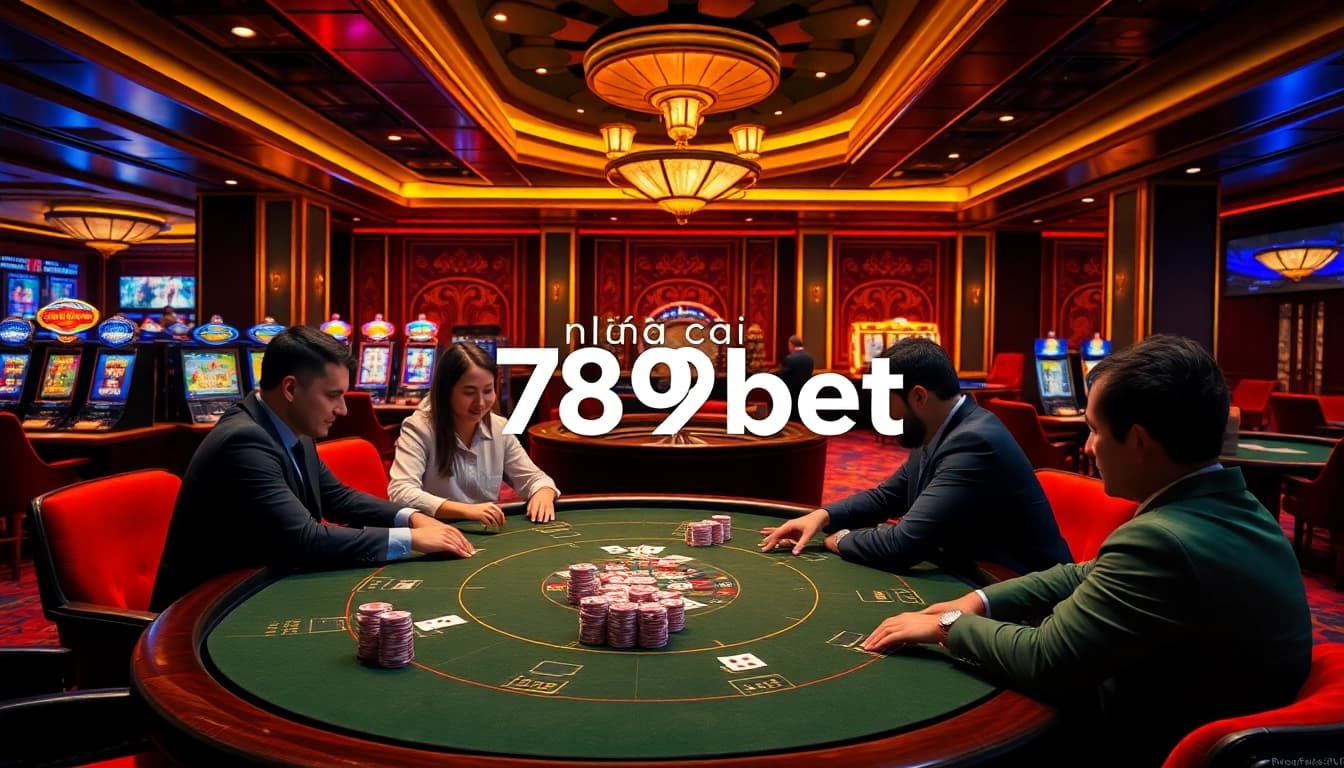 Engaging scene at nhà cái 789bet with professional gamers at a vibrant poker table and luxury casino ambiance.