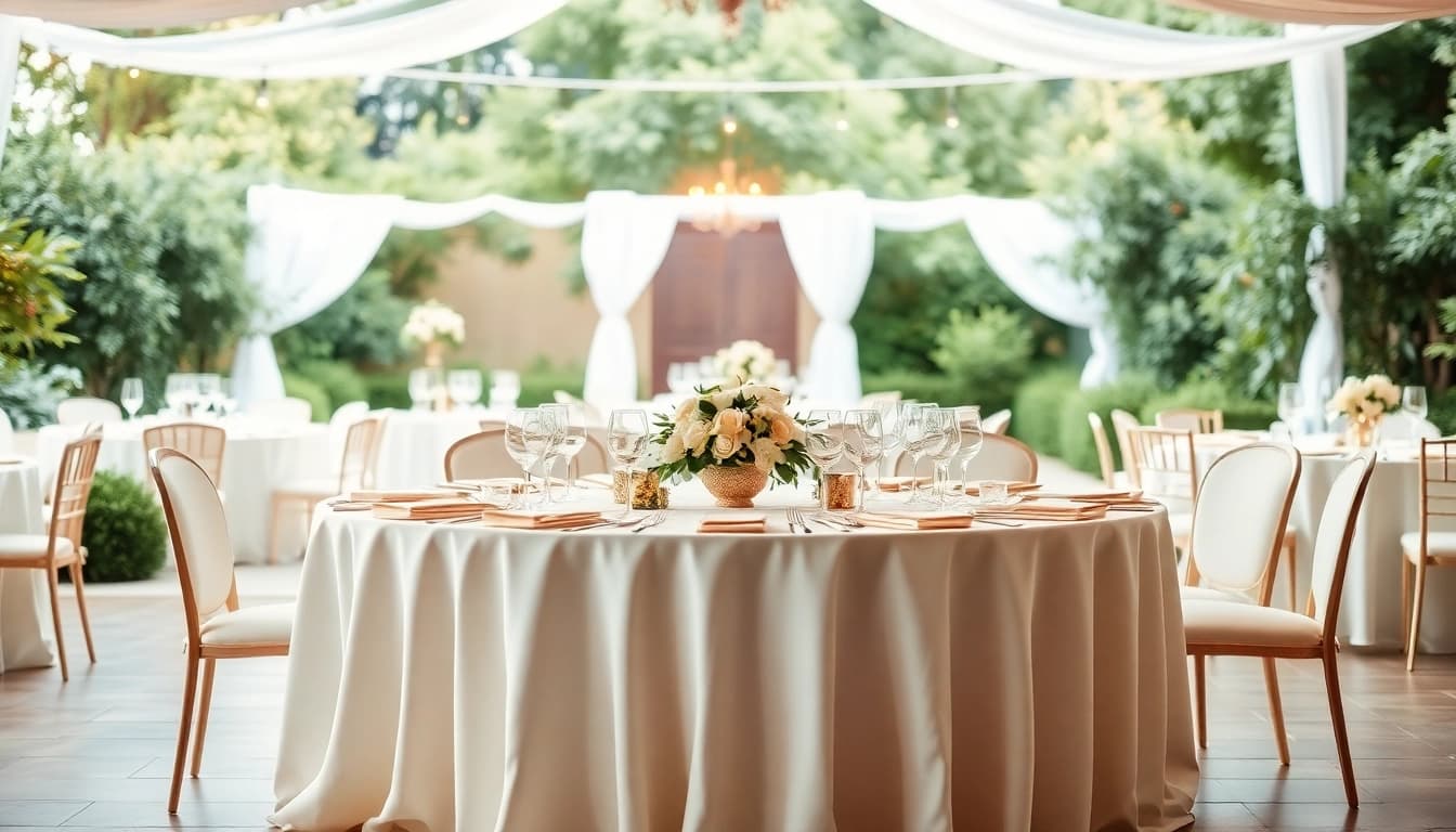 Showcasing elegant table rentals arranged for a sophisticated event with beautiful centerpieces.