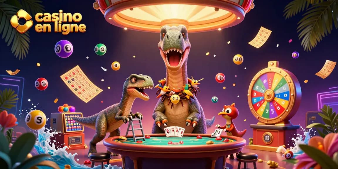 Un casino en ligne où un brontosaurus géant observe une table de poker sous un feu d'artifice de jeux.