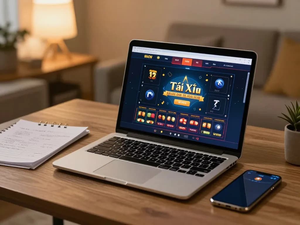 Engaging with app tài xỉu online uy tín on a sleek laptop, showcasing strategic notes and smartphone for betting.