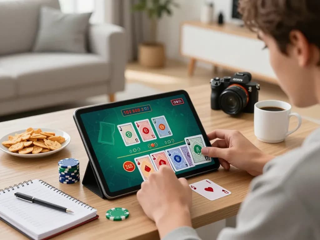 Player enjoying hitclubapk blackjack on tablet in cozy setting with snacks and strategy notes.