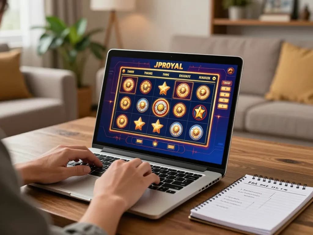 JPROYAL online gaming setup showcasing vibrant slot game interface with strategic notes.