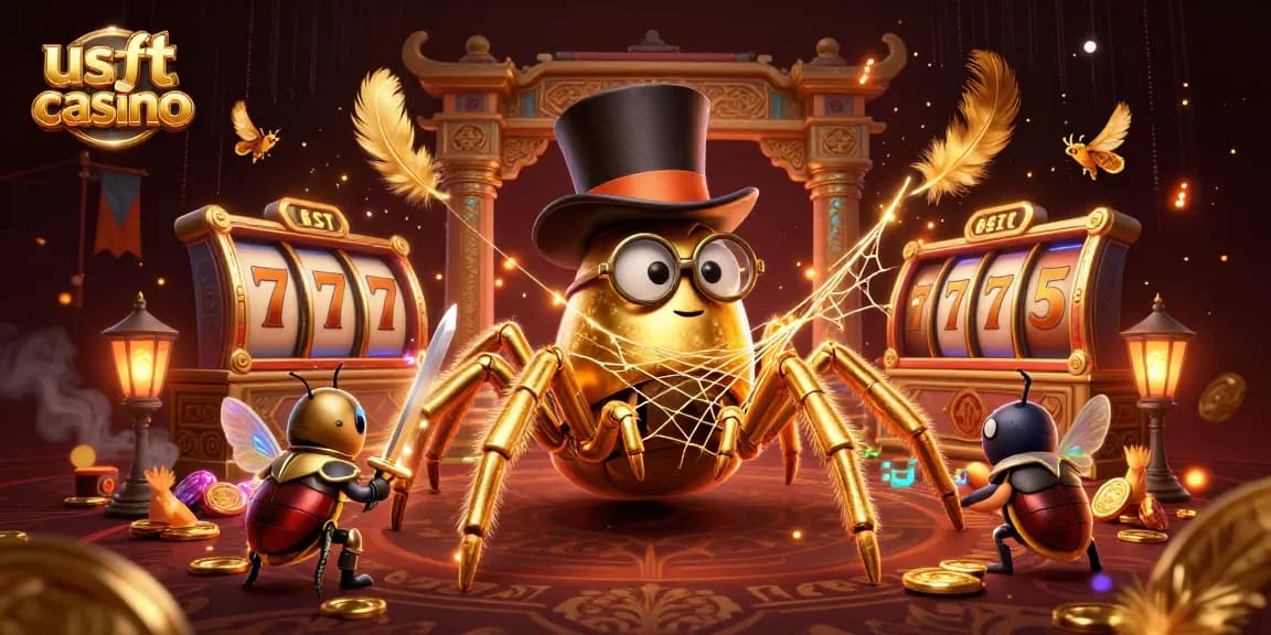 Gioca nei migliori usdt casino con una tarantola d'oro e un cavaliere, circondati da slot machine e monete d'oro.