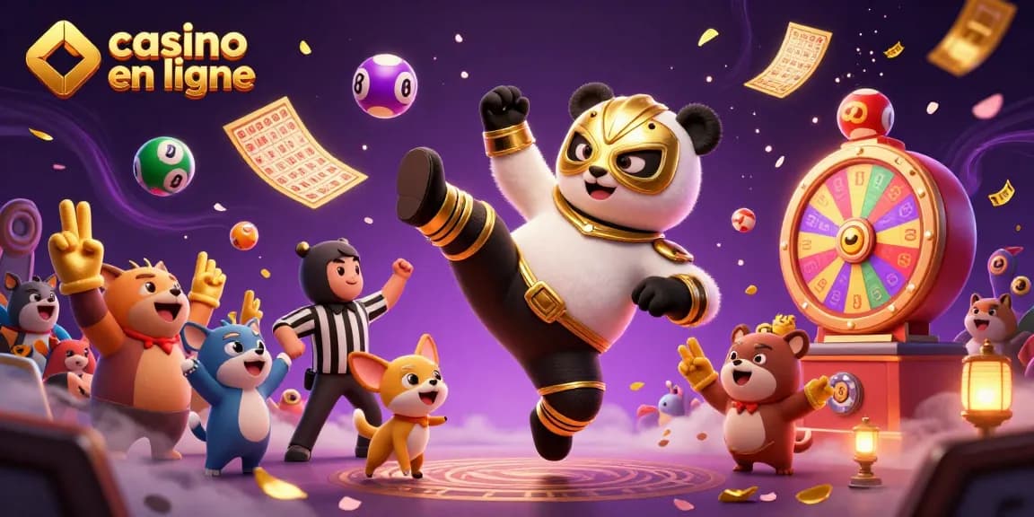 Expérience ludique casino en ligne avec un panda lutteur et des animaux spectateurs enthousiastes.