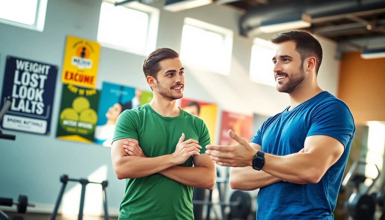 Coach guiding a client to conquer their weight loss plateau with encouragement in a vibrant gym.