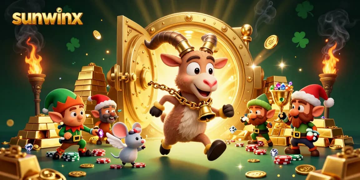 A visually rich scene depicting sunwinx with a Krampus goat overseeing a chaotic casino, filled with treasures and elves.