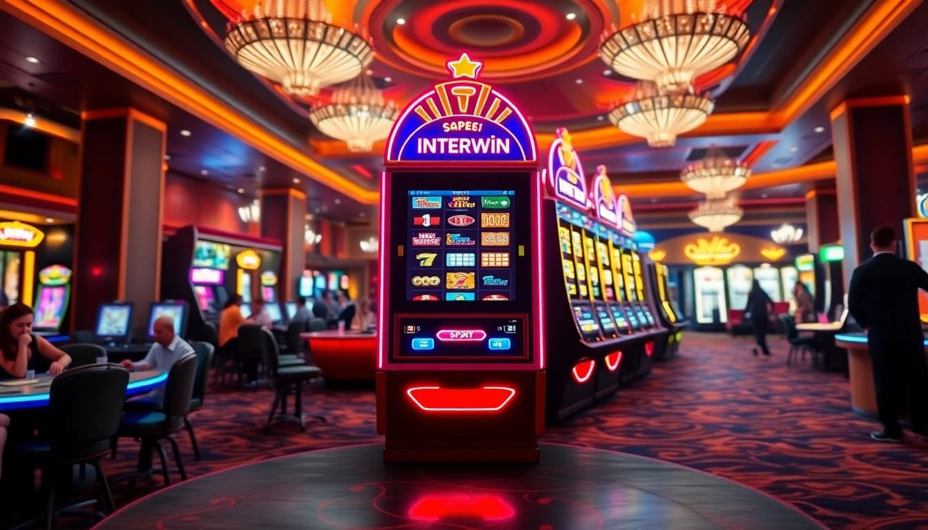 Putar interwin slot dengan mesin penuh warna di kasino yang ramai.