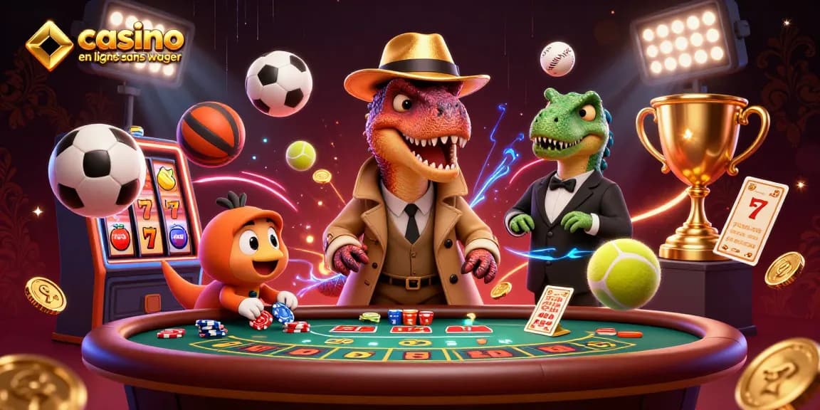Casino en ligne sans wager avec un velociraptor jouant au blackjack et un pit boss stégosaure.