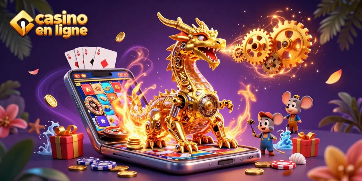 Vivez l'excitation du casino en ligne avec un dragon mécanique doré entouré de jeux et de pièces précieuses.