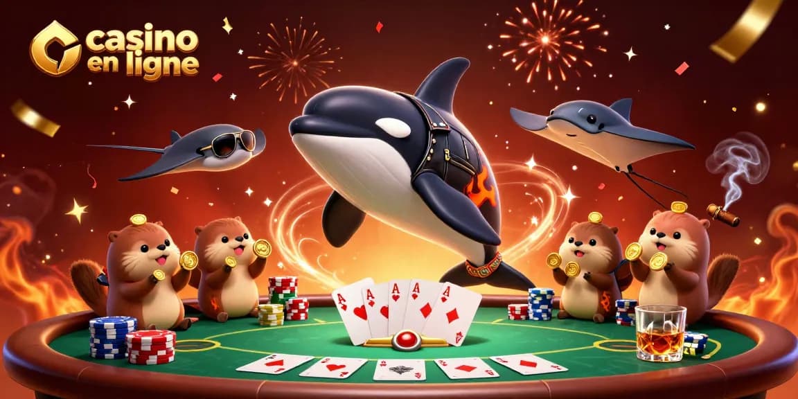 Illustration de l'univers du casino en ligne, avec un orque en cuir, des raies élégantes et des loutres amassant des pièces d'or.