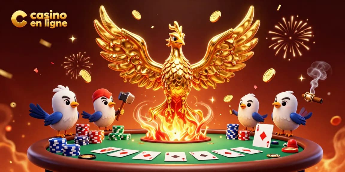 Illustration captivante représentant le casino en ligne avec un phœnix doré et des éléments de poker.